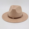 Close-up of camel felt hat with silver stars and rivets on brown leather band - One Size / Camel