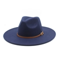 Detail of navy blue wool fedora hat featuring a brown leather band and gold buckle - M (56-58cm) / Navy Blue