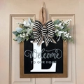Wooden door sign with letter L, black background, striped bow and faux greenery décor - Letter L