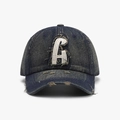 Vintage washed navy blue denim baseball cap featuring white distressed letter A patch - Adjustable / Navy Blue
