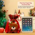 Red velvet Christmas gift bag with plush bear, snowy embroidery, and drawstring closure - XL Plaid Scarf Apple Bag Bear