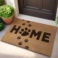 Brown coconut fiber door mat with HOME lettering and black paw prints for home entryway - Cat Paw Prints