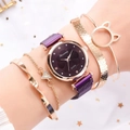 Detailed view of a purple quartz watch set with four gold decorative bracelets for women - Purple + Bracelet