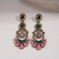 Detailed close-up of vintage bronze earrings with colorful resin beads and rhinestones - Earrings-Pink (925 Silver Pin)
