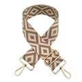 Detail of 5cm geometric rhombus woven bag strap with polished gold metal hardware - Beige and Deep Khaki
