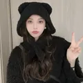 Cute black teddy bear fleece hooded scarf with integrated ear protection and plush ears - Teddy Fleece Black