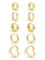Set di cinque paia di orecchini a cerchio dorati geometrici con forme tonde e a cuore - Set di 5 paia - Forme geometriche dorate
