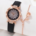 Women's quartz watch with black leather strap and matching rose flower bracelet set - 2-Piece Set (Watch + Flower Bracelet) / Black Bracelet Set