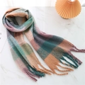 Rainbow plaid winter scarf with pink and teal grid patterns and fringe detail - Pink Orange Cyan Green Plaid (WJ137-10)
