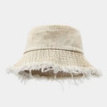 Detail of frayed edge fringe on vintage beige denim bucket hat with twill texture - Khaki