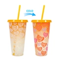 Reusable cold color changing plastic cup with orange and yellow rose pattern and straw - 701-800ml / Valentine (Rose)