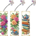 Set di segnalibri per pittura a diamante 5D fai-da-te con temi floreali e nappe colorate - Stile Rosa Caffè e Libro (SQ-42/Standard) / Set di 3 pezzi