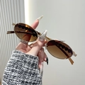 Oval metal sunglasses with gold frame, brown gradient lenses, and heart crystal accents - Gold Frame Tea Rhinestone Gradient Tea Lens