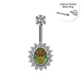 Detail of internally threaded navel ring with silver metal and colorful opal stone - Oval Faux Opal