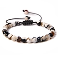 Adjustable 6mm natural agate bead bracelet with handmade woven rope in striped earthy tones - 6mm / White Fire Agate