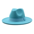 Detailed view of turquoise wool fedora hat featuring a matching grosgrain ribbon band - Lake Blue