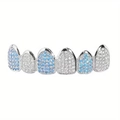 Silver-plated hip-hop grillz with pavé-set white and light blue zirconia stones - 6-Teeth Top (with Molding Bar) / Blue and White Zirconia