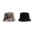 Detail shot of camo and solid black cotton bucket hats with parallel brim stitching - Beige & Khaki Camo