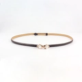 Dark brown slim adjustable waist belt for women with golden square pearl buckle accent - 19283 Black/Pearl Double Ring Buckle