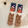 Brown and navy Christmas coral fleece socks with cute bear and chimney pattern - One Size / Bear