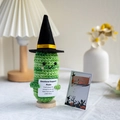 Handmade crochet emotional support pickle with black wizard hat and motivational card - Pickle + Card + Hat + Base