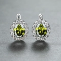 Elegant silver leverback earrings featuring oval olive green stone and white diamonds - Platinum Plated Olive Green Zircon