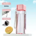 500ML square clear plastic sports water bottle with pink lid and gray carry strap - 500ml / Pink