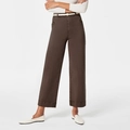 Dark coffee brown high waisted wide leg jeans with elegant slim white belt detail - Coffee