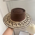 Flat top straw hat with brown geometric diamond pattern and ribbon band for vacation - Raffia Hollow Indented Hat - Dark Coffee