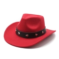 Detail of red wool felt cowboy hat featuring a black leather band with silver star studs - M (56-58cm) / Red
