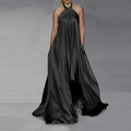 Robe longue élégante en satin noir avec dos nu et une coupe évasée à large ourlet fluide - Noir