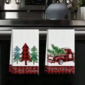 Christmas kitchen towels featuring plaid trees and vintage truck on oven handle - Red Black Plaid Truck and Tree Style (MJBT66-66) / 2 Pieces/Pack (40*60cm)