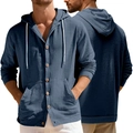 Men's blue cotton linen hooded long sleeve shirt with wooden buttons and pockets - Navy Blue