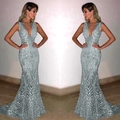 Silver sequin mermaid evening gown with deep V-neck and sleeveless slim fit design - S / Dresses / Silver