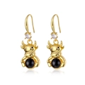 Pendientes de buey dorado con cuenta negra y circón claro, acabado pulido brillante - Pendientes de Piedra Sensible a la Temperatura