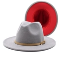 Detail of wool felt fedora with red underbrim and brown PU band with metal buckle - Light Grey and Red