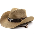 Western straw cowboy hat with a bull head emblem and wide curved brim for sun protection - M (56-58cm) / Khaki