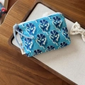 Close-up of vintage blue floral cotton coin purse with premium zipper and woven strap - Blue Blue Floral