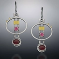 Vintage style geometric earrings in silver and gold with pink and deep red gemstones - Deep Red Geometric Circular Earrings