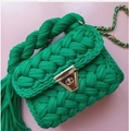 Handmade green woven crossbody bag with gold chain strap, lock clasp and decorative tassel - Green Woven
