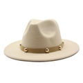Minimalist wide brim wool fedora hat in beige with brown studded band detail - M(56-58cm) / Beige