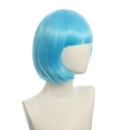 Detailed close-up of bright blue short bob cosplay wig with bangs on a white model head - Bright Blue
