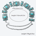 Detail view of zinc alloy waist chain with turquoise stones and size measurements - Silver