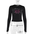 Detail of Outcast letter print and pink butterfly graphic on black long sleeve crop top - S / Black