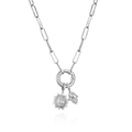 Silver paperclip chain necklace featuring hamsa hand and evil eye zircon pendants - White Gold