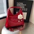 Red glossy patent leather backpack with bow detail and cute cloud charm pendant - Burgundy