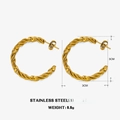Golden twisted rope hoop earrings in stainless steel, 3cm diameter and 6.6g weight - Gold Twist Earring Style 1