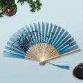 Blue silk folding fan featuring black ink orchid print and elegant blue tassel - White Ribs Style 35