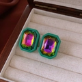 Macro detail of vintage octagonal earrings with iridescent crystal in green matte frame - Silver Needle-Green-Iridescent Rectangle(25#)