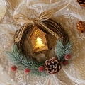 Festive Christmas wreath with LED wooden house, pine cones and berries on rattan base - Wooden House Wreath with LED Light